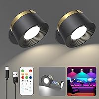 LED Wall Sconces Set of Two, Rechargeable Battery Operated Wall Lights with Remote, Wall Lamp Wireless 3 Color Temperatures + 13 RGB & Dimmable Magnetic 360° Rotation (Two Pack Black)