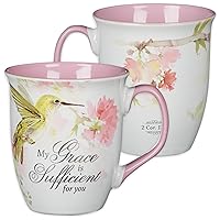 Large Ceramic Inspirational Scripture Coffee & Tea Mug for Women: Grace is Sufficient Silver Bible Verse, Cute Lime Green Hummingbird Novelty Drinkware, White/Pink Floral, 14 oz.