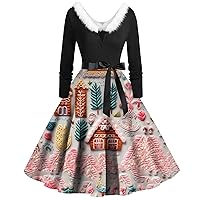 Women's Christmas Party Outfits Fashion V-Neck Casual Fit Print Long Sleeve Dress 2023, S-5XL