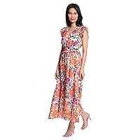 Maggy London Women's V-Neck Short Flutter Sleeve Smocked Waist Maxi Dress