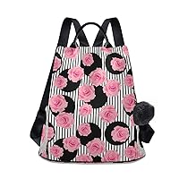 ALAZA Pink Rose Flower On Polka Dot & Stripe Backpack Purse for Women Anti Theft Fashion Back Pack Shoulder Bag