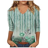 Tops for Women Trendy,Womens Cute Graphic Print 3/4 Length Sleeve Shirts V Neck Loose Fit Tshirts Tunic