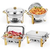 Restlrious Chafing Dish Buffet Set of 4, Stainless Steel 5 QT Round & 8 QT Rectangular Large Capacity Chafers and Buffet Warmers Set w/Food Pan Water Pan, Fuel Can for Catering Event Party Gathering