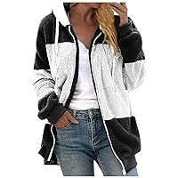 Women's Fluffy Jackets Loose Large Size Plush Multicolor Paneled Hooded Zip Jacket Fleece, S-5XL