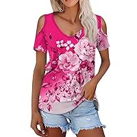 Sunflower Shirts for Women, Women's Summer Fashion Casual Printed Cold Shoulder V Neck Short Sleeve, S, 3XL