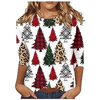 Christmas 3/4 Sleeve Tops for Women, Ladies Graphic Christmas Tops, Snowflake Xmas Tree Clothes Holiday Tee Shirts