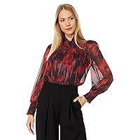BCBGMAXAZRIA Women's Relaxed Long Sleeve Blouse Smocked Mock Neck Cuff Top