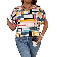 GORGLITTER Women's Plus Size Graphic Geo Print Blouse Short Cap Sleeve Crew Neck Shirt Top