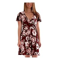 Womens Burgundy Stretch Tie Pleated Floral Flutter Sleeve Surplice Neckline Above The Knee Party Fit + Flare Dress Juniors S