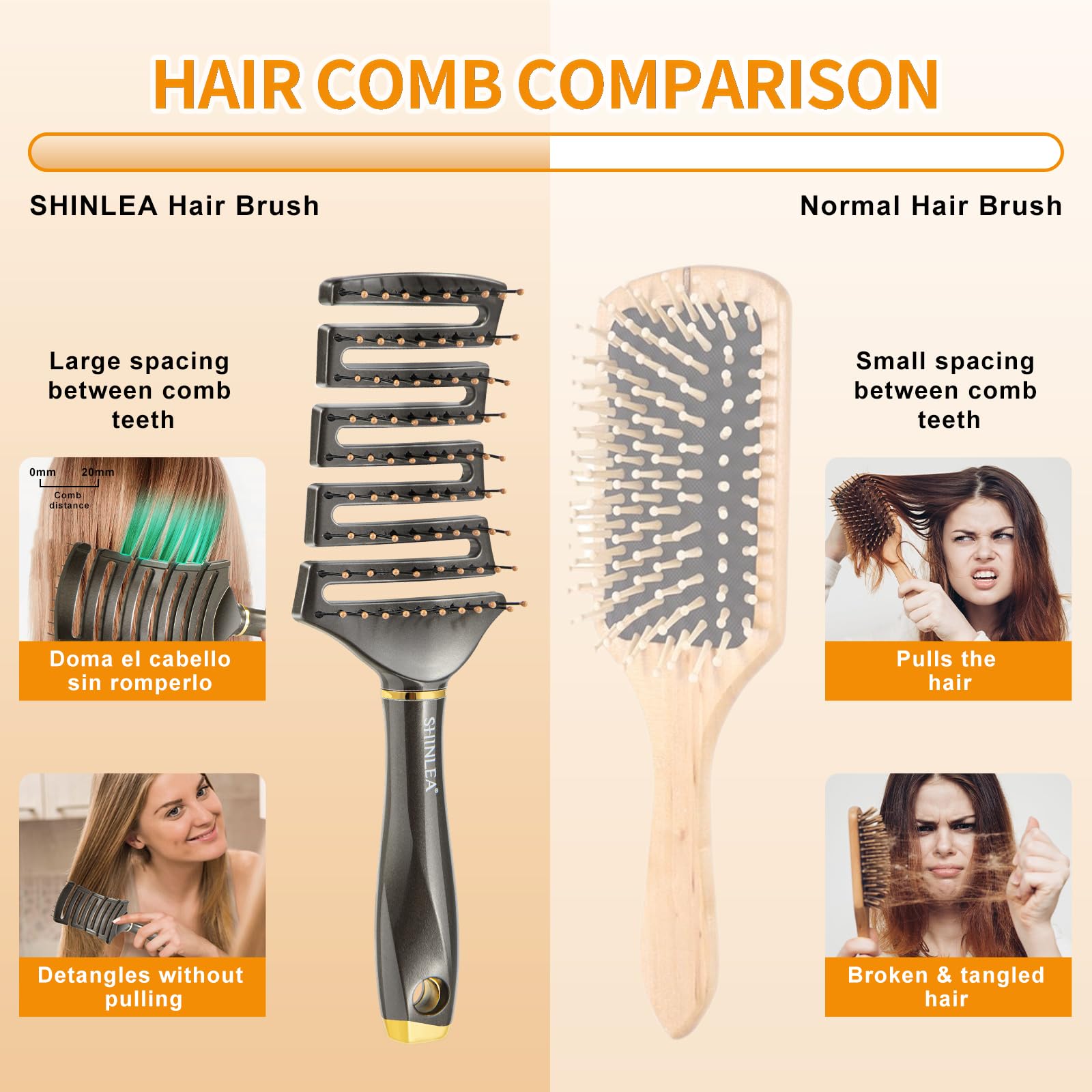 SHINLEA Detangle Hair Brush - Curved Vented Detangling Brush for Curly Thick Hair Blow Drying - Professional Paddle Vent for Wet & Dry Hair, Elastic Anti-Tangle Detangler Brush, Valentines Gifts