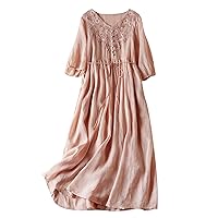 Women Cotton Linen Dress Casual Loose Embroidery Solid Midi Dress