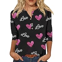 Love Heart Shirt Valentines Day Plus Size Pullover Women Henry Collar 3/4 Sleeve Letter Print Button Tops Blouse