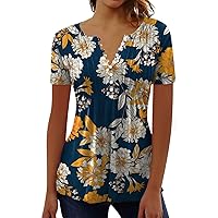 Women's Loose Floral Printed T-Shirt Tops Flowy Hem V Neck Pleats Shirts Short Sleeve Fashion Casual Blouse Tees