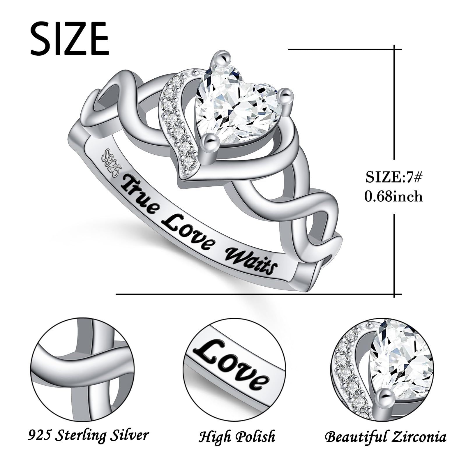 HOOHWE S925 Sterling Silver True Love Waits Ring for Women Heart Engagement Love Knot Ring Promise Ring Wedding Ring for Women Girlfriend Wife Size 7