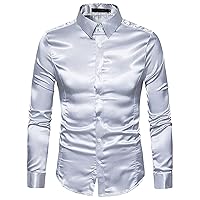 Men's Casual Fashion Glossy Long Sleeve Lapel Shirt Satin Dance Party Tuxedo Shirts Wrinkle Free Dress Shirt