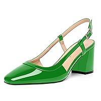 Womens Wedding Solid Slingback Square Toe Patent Dress Buckle Chunky Mid Heel Pumps Shoes 2.5 Inch