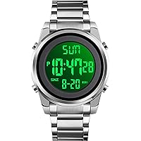 findtime Men's Digital Watch with Alarm Clock Countdown Stopwatch LED Backlight Electronic Watch with Stainless Steel Black