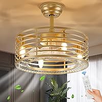 Gold Caged Ceiling Fan Light with Remote Control Modern Brass Bladeless Ceiling Fan Lighting Fixture for Living Room Bedroom Kitchen Dining Room 18