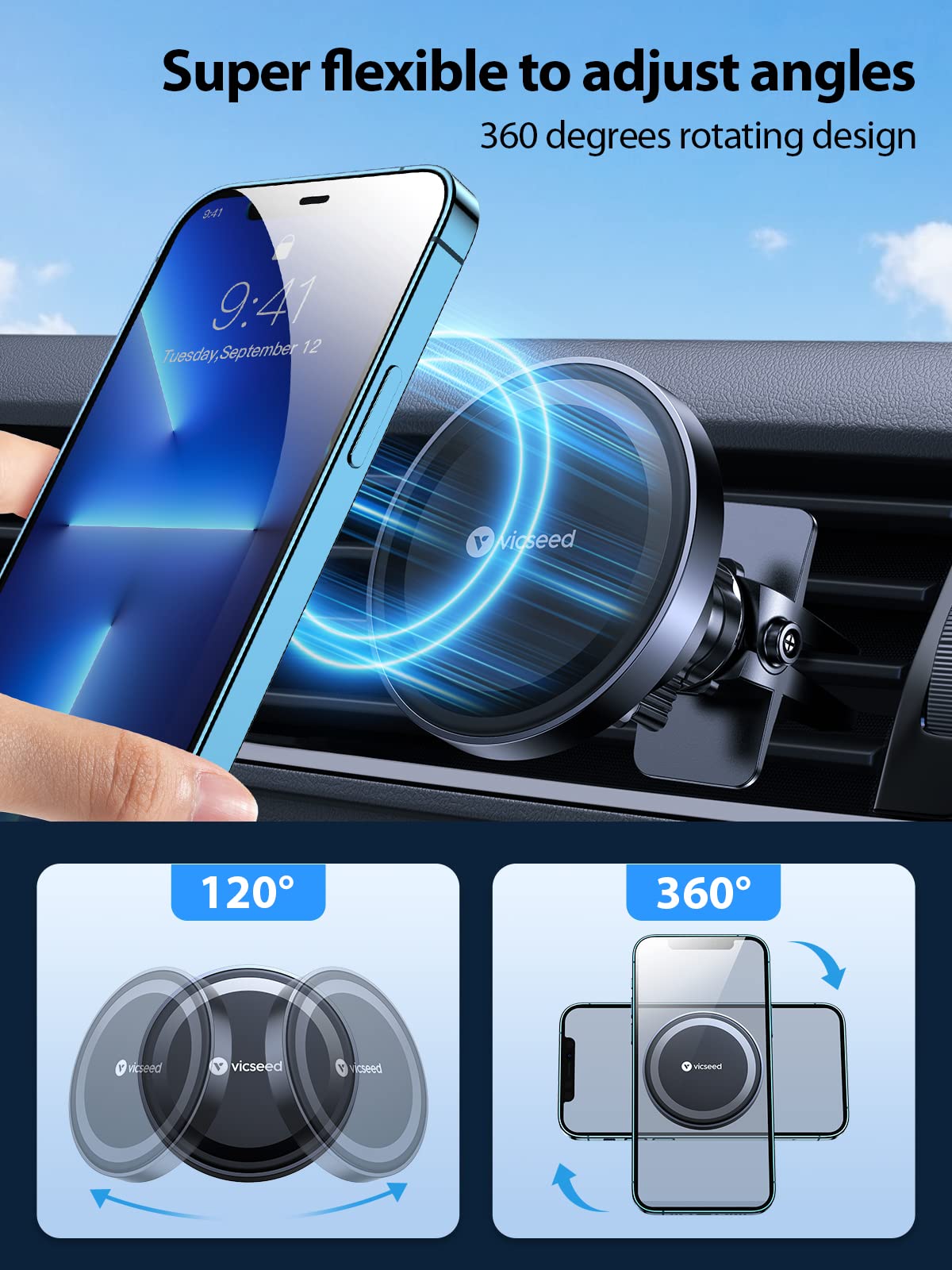 VICSEED for MagSafe Car Mount 【Upgraded Strongest Permanent Magnet】Magnetic Phone Holder for Car Vent 360 Adjustable Magnetic Phone Mount for Car Fit for iPhone 14 13 12 Pro Max Plus Mini MagSafe Case