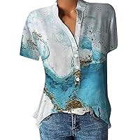 Womens Tops Dressy Casual 2024 Short Sleeve V Neck Button Comfy Summer Trendy Fashion Loose Business Tunic Top