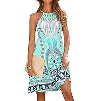 Bluetime Womens Summer Casual Halter Dress Crochet Hollow Out A-line Floral Boho Beach Sundresses with Pockets
