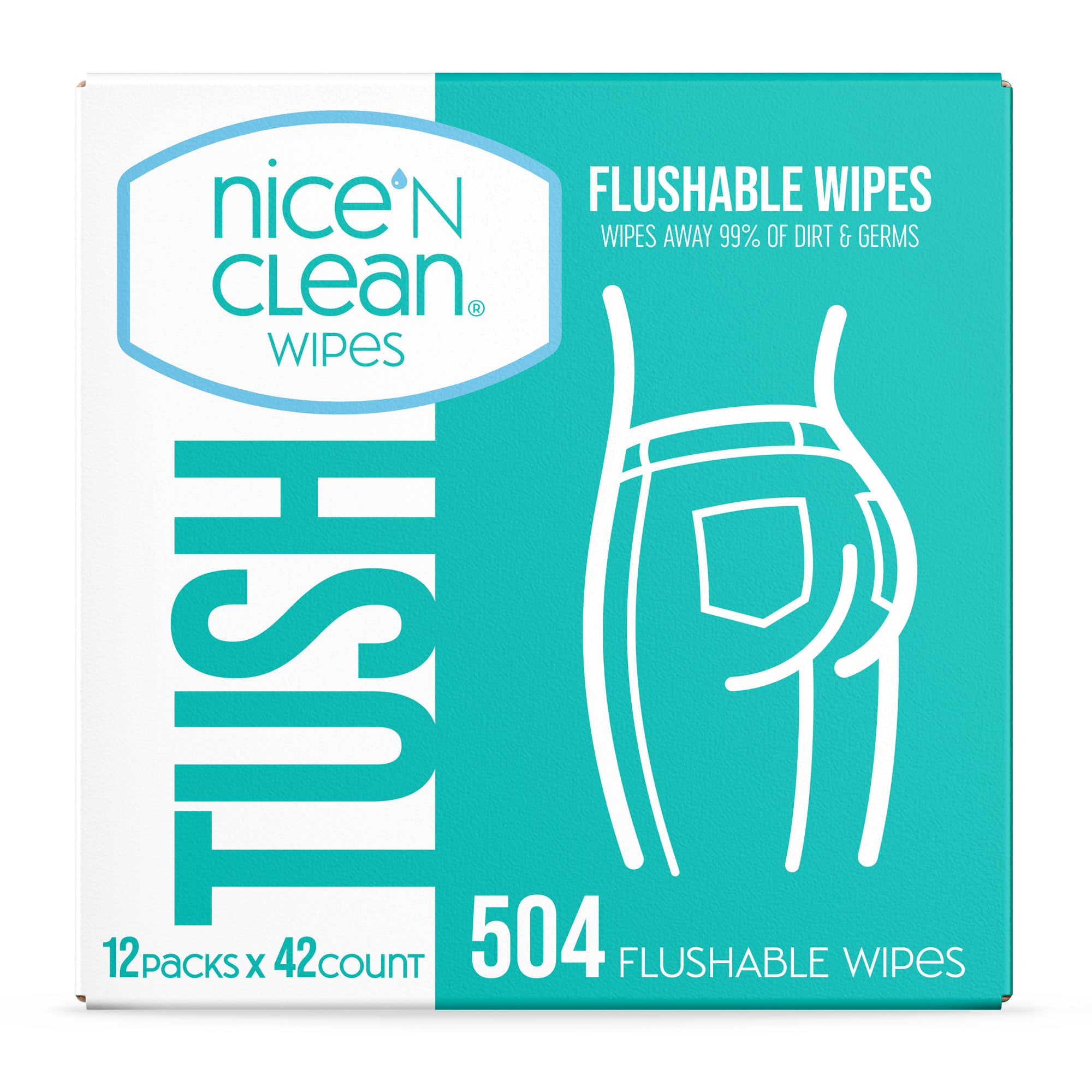 Nice 'N Clean Adult Flushable Wipes (12 x 42 Count) | Personal Cleansing Wipes Made from Plant-Based Fibers | Infused with Aloe & Vitamin E