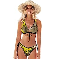 ALAZA Sunflowers in Brown Vintage Wood Bikinis Swimsuit Set for Women XS