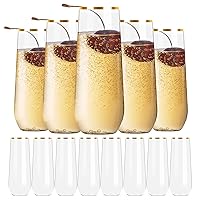48 Pack Plastic Champagne Flutes, 9 Oz Plastic Stemless Champagne Flutes Disposable Gold Rim Clear Plastic Toasting Glasses Shatterproof Recyclable and BPA-Free Perfect For Wedding