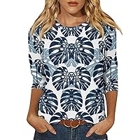 Women's White Blouse Green Leaf Print Casual Round Neck 3/4 Sleeve Loose Printed T-Shirt Top Blouses, S-3XL