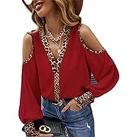Romwe Women's Leopard V Neck Cold Shoulder Tops Puff Sleeve Blouse Button Down Shirt Tops