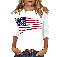 Women's Fourth of July Shirt Plus Size 3/4 Sleeve Tops Independence Day Outfits Patriotic Color Block Summer Shirts