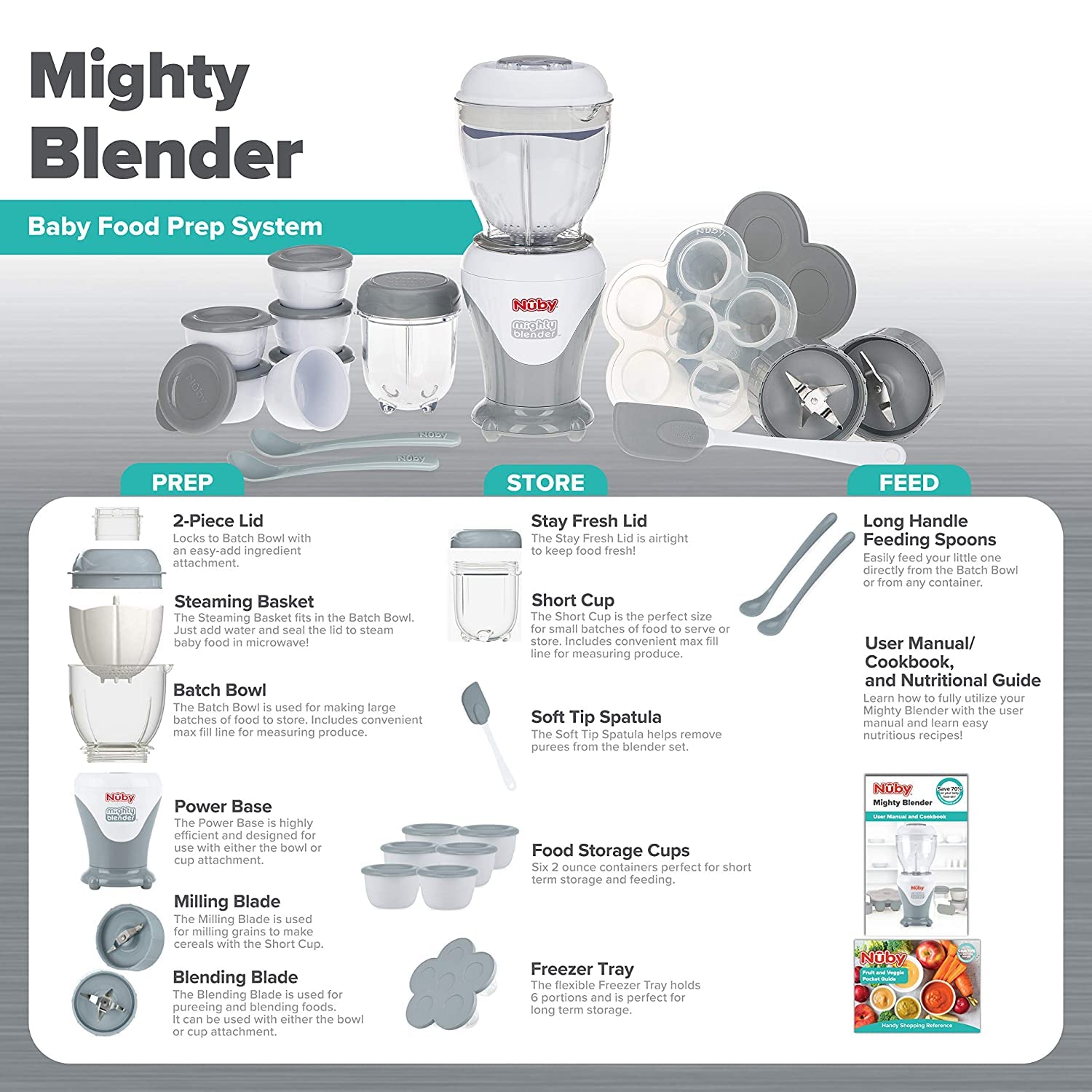 Nuby Mighty Blender with Cookbook - 22-Piece Baby Food Maker Set for Different Baby Weaning Stages - Cool Gray Design