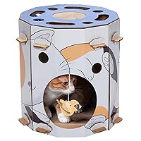 Furhaven Cardboard Hideout w/ Catnip for Indoor Cats, Ft. Scratching Pad, Ball Track, & Toys - Kitty Hideaway Corrugated Cat Scratcher House - Cat Print, One Size