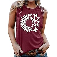 Summer Tank Tops for Women Sleeveless Round Neck Butterfly Print Tshirts Loose Fit Casual Sunflower Graphic Tees