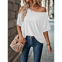 Women's T-Shirt Solid Asymmetrical Neck Tee T-Shirt for Women (Color : White, Size : Large)