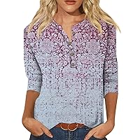 3/4 Length Sleeve Womens Tops 2024 Dressy Casual Button Up Blouses Floral Printed Cute Work Shirts