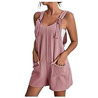 Rompers for Women Summer Sleeveless Casual Solid Color Adjustable Suspender Shorts with Pocket Loose Overalls Jumpsuit