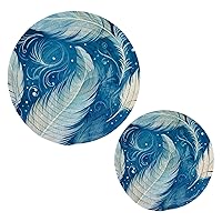 Blue Peacock Feather Round Cotton Trivets Stylish Absorbent Coaster Set Pot Holders Drink Coasters for Boho Home Bar Decor-2Pcs