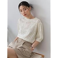 Women's Tops Sexy Tops for Women Solid Pointelle Knit Top Women's Shirts (Color : Beige, Size : Small)