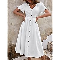 Summer Dresses for Women 2022 Button Front Puff Sleeve -line Dress Dresses for Women (Color : White, Size : X-Small)