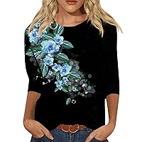 Women's T Shirts 3/4 Sleeve Dressy Loose Fit Blouses Floral Summer Cute Shirts Crew Neck Trendy Boho Tops