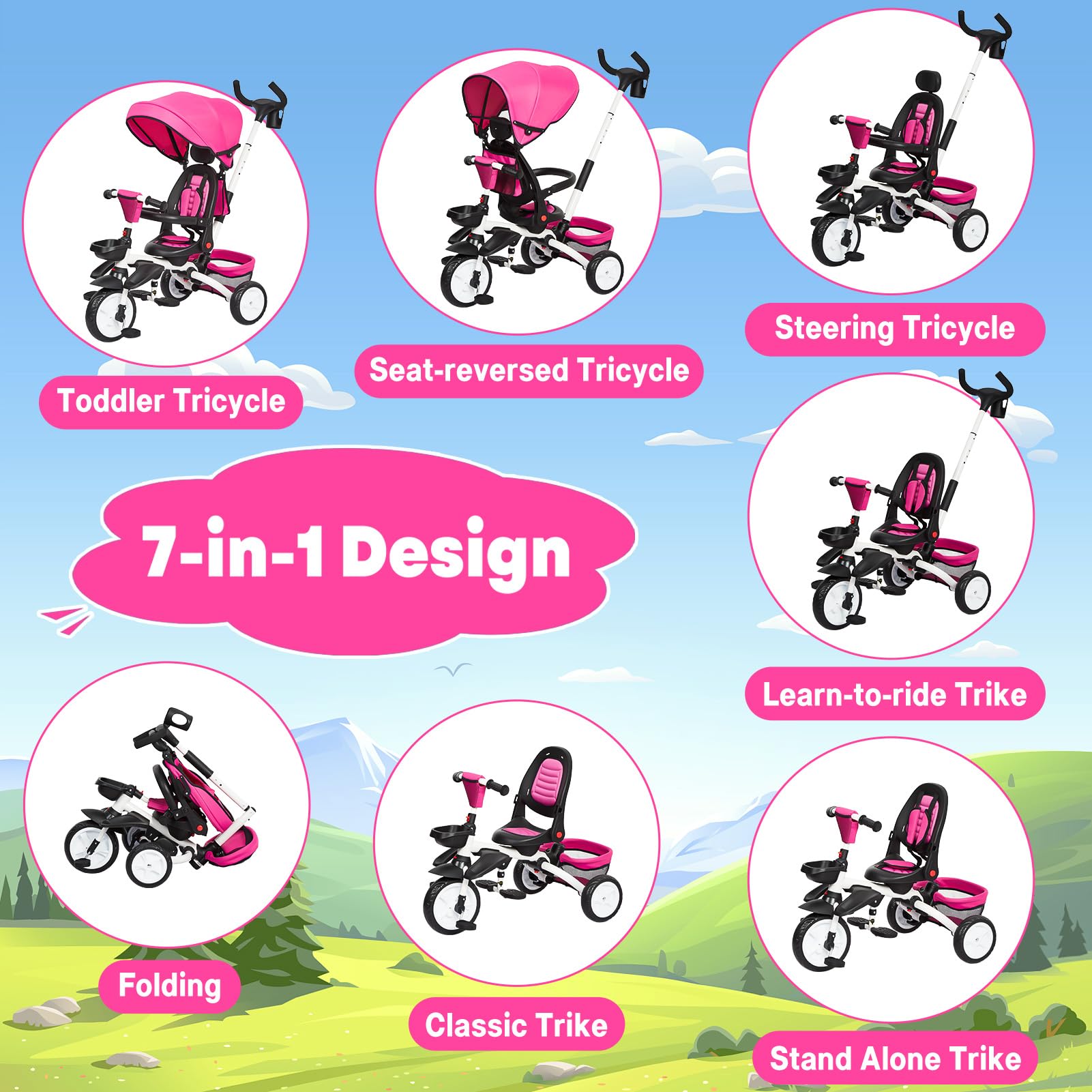 Babevy Baby Tricycle, 7 in 1 Folding Toddler Bike w/Removable Adjustable Push Handle, Canopy, Rotatable Seat, Safety Harness, Cup Holder & Storage, Trike for 1-5 Year Old (Rose)