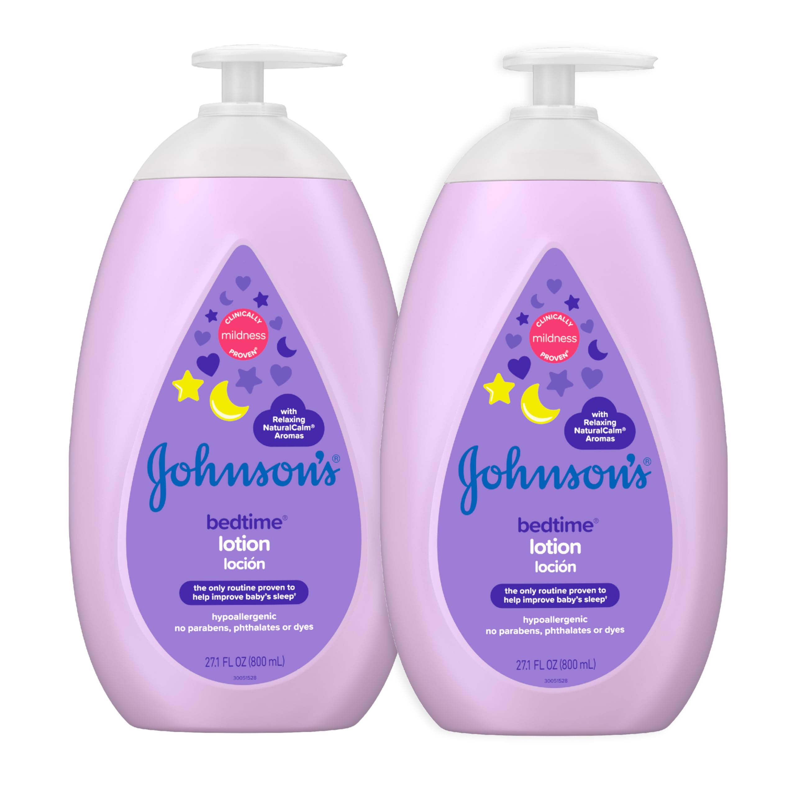 Johnson's Moisturizing Bedtime Baby Lotion with Coconut Oil & NaturalCalm Aromas to Help Relax Baby, Mild, Hypoallergenic & Paraben-, Phthalate- & Dye-Free, Twin Pack, 2 x 27.1 fl. oz