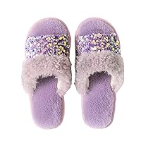 Women's Sequins Fuzzy Slippers, Soft Plush Furry Fur, Cozy Memory Foam, Open Toe and Slip-on Indoor Glitter House slippers