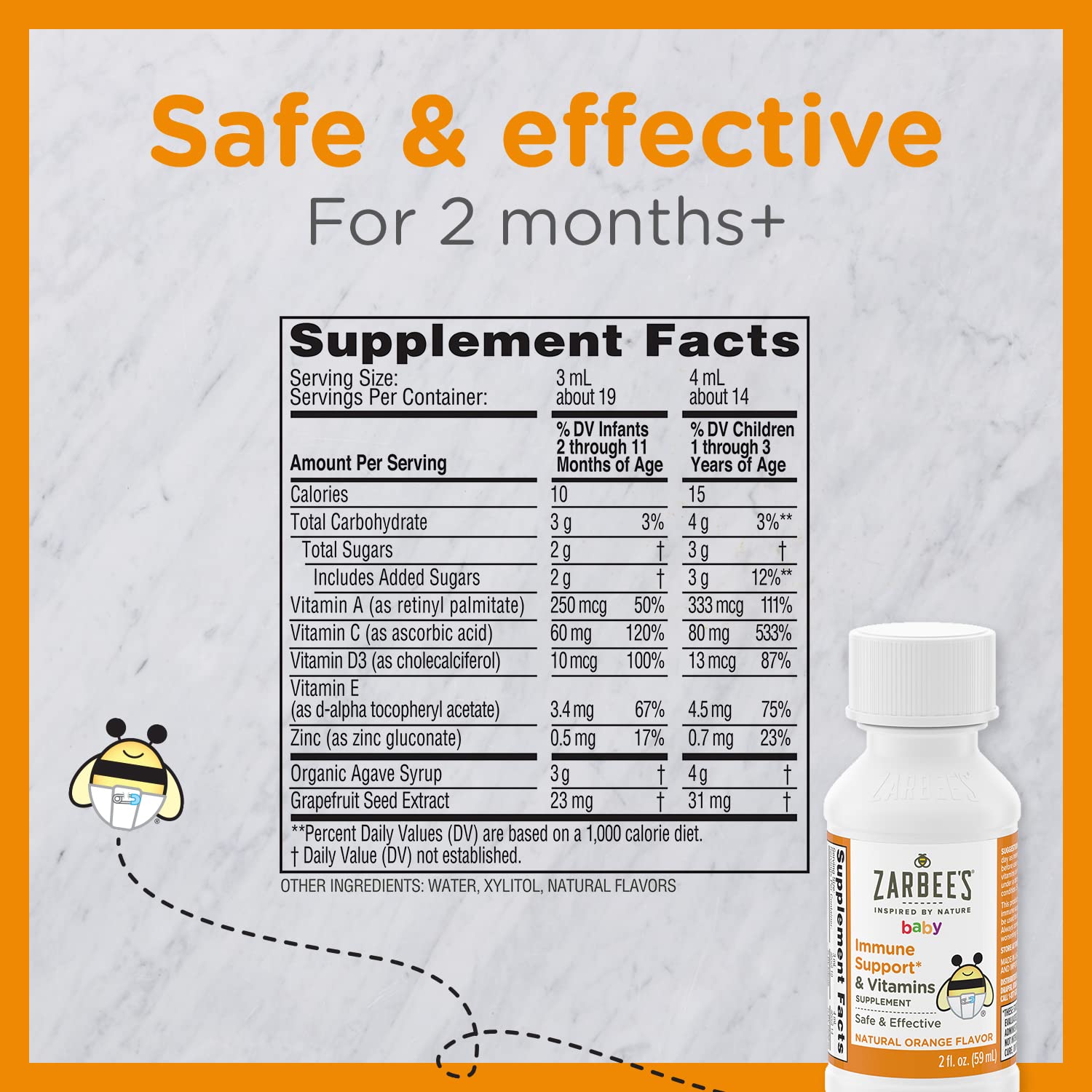 Zarbee's Baby Immune Support* & Vitamins Supplement with a Special Blend of Vitamins, Zinc, and Agave, Natural Orange Flavor, 2 Fl. Ounces (1 Box)
