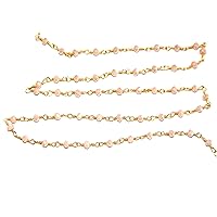 Pink Opal 3MM Faceted Rondelle Gemstone Beaded Rosary Chain by Foot For Jewelry Making - 24K Gold Plated Over Silver Handmade Beaded Chain Connectors - Wire Wrapped Bead Chain Necklaces