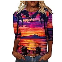 Summer Tops for Women 2024 Hawaiian Vacation 3/4 Sleeve Shirts Casual Crewneck Beach Blouse Tees Ladies Fashion Tunic Tshirt
