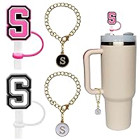 2PCS Straw Cover for Stanley Cup 30&40 Oz, 10mm Letter Straw Topper with 2PCS Personalized Letter Charms Name ID Initial Letter, Silicone Straw Tips Lids for Stanley Cup Accessories(2+2 Letter S)
