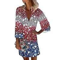Patriotic Dresses Patriotic Dress for Women Sexy Casual Vintage Print with 3/4 Length Sleeve Deep V Neck Independence Day Dresses Wine Large