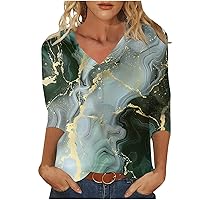 3/4 Sleeve Tops for Women Marble Graphic Henley Shirts Casual Button Up V Neck T Shirts Classic Outdoor Tees